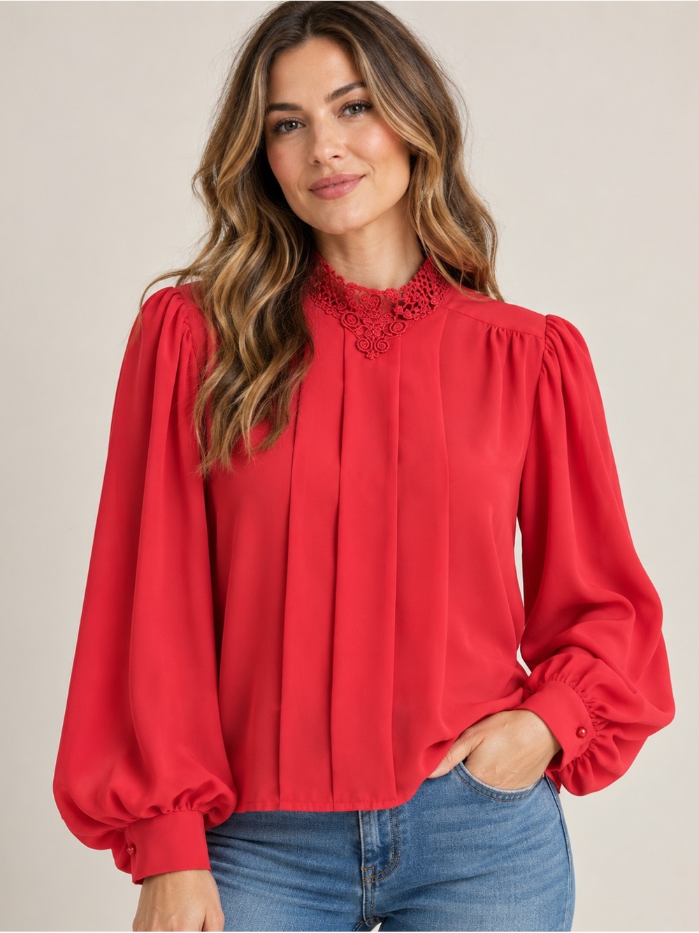 Vintage At Once Red Lace Neck Blouse Puff Sleeve Romantic Dark Coquette USA Med